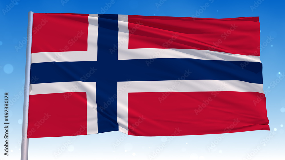 Fototapeta premium Waving National Flag Of Norway In The Wind With Pole On Cloudy Fog Glitter Dust Flying Blue Sky 3D Rendering