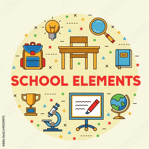 School elements illustration design graphics. Whiteboard, schoolbag, globe, desk, chair, book, loop, trophy, globe and microscope illustration.