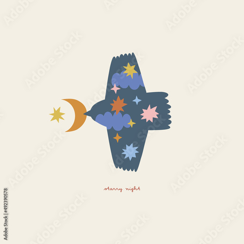Boho baby Peace bird with moon in the beak covered with stars and clouds vector illustration. Starry night phrase. Scandinavian decorative childish print for baby fashion or nursery decor.