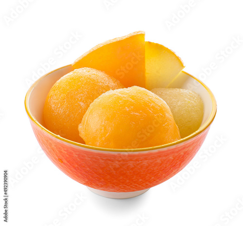 Bowl with tasty melon sorbet on white background