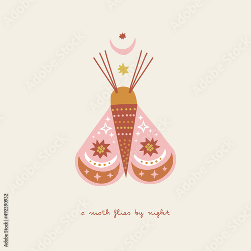 Bohemian whimsical moth with half moon and stars wings vector illustration. Day and night butterfly childish print with phrase for baby fashion and Scandinavian style nursery.