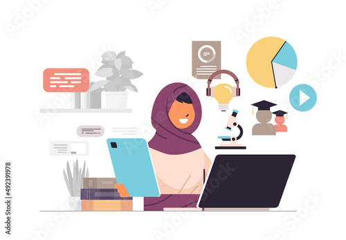 arab businesswoman sitting at workplace arabic business woman using laptop social media network online communication