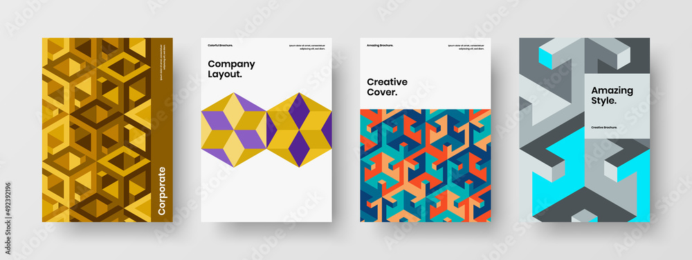 Bright mosaic shapes company brochure illustration set. Simple front page A4 design vector template composition.