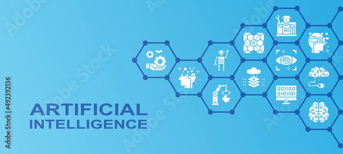 Artificial Intelligence promotion icons banner. Robotics, Chatbot, Database, Big Data illustration. Web banner layout template.