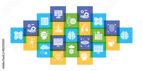Artificial Intelligence flat design illustration concept. Robotics, Chatbot, Database, Big Data for web banner and printed materials.
