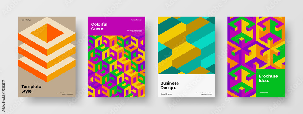 Abstract leaflet A4 design vector illustration bundle. Original mosaic pattern brochure concept collection.