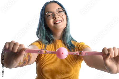 Young woman with mouth gag ...