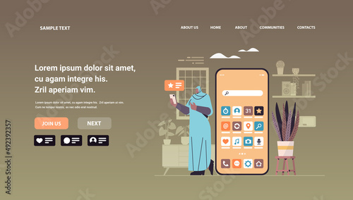 arab woman holding smartphone girl using online mobile app social media communication concept