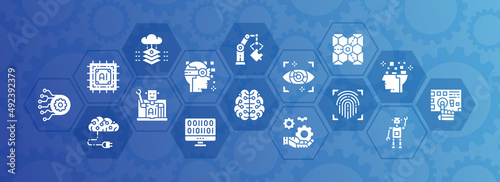 Artificial Intelligence promotion icons banner. Robotics, Chatbot, Database, Big Data vector illustration for business cover, banner, brochure design.