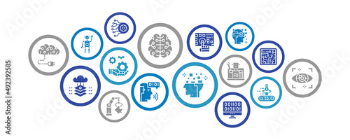 Artificial Intelligence business illustration. Robotics, Chatbot, Database, Big Data vector promotion icons banner. Web banner layout template.