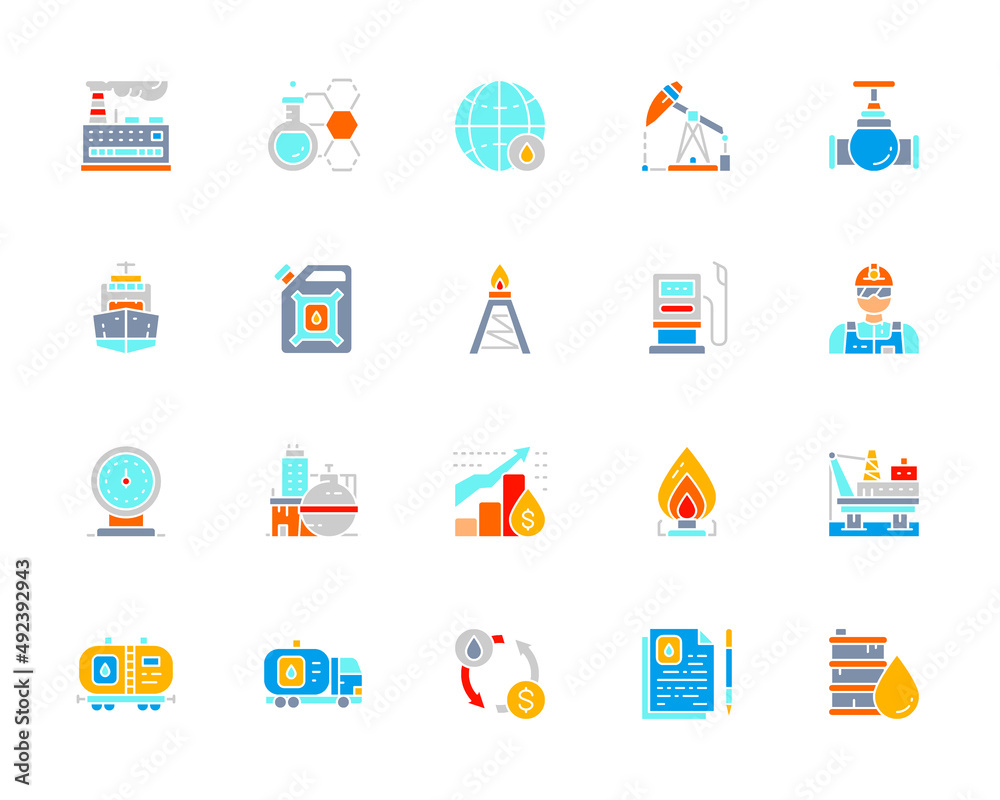 Set of Oil and Petrol Industry white line icon. Fuel Truck, Petroleum Wagon, Pumping Station, Gasoline, Cargo Ship and more.