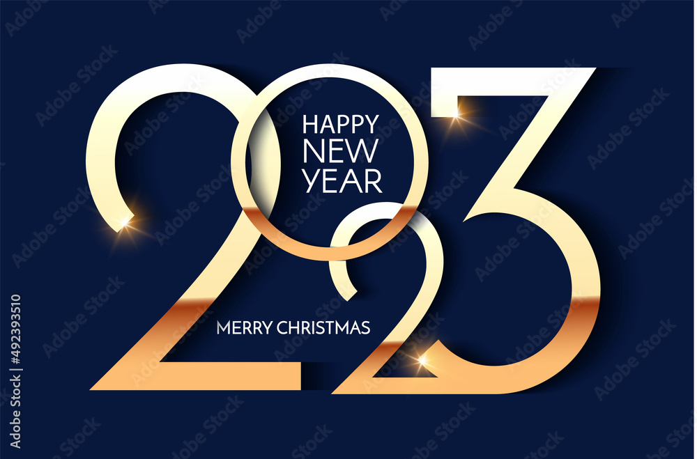 Happy new 2023 year Elegant gold text with light. Minimal text template