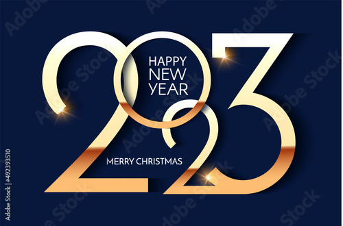 Happy new 2023 year Elegant gold text with light. Minimal text template