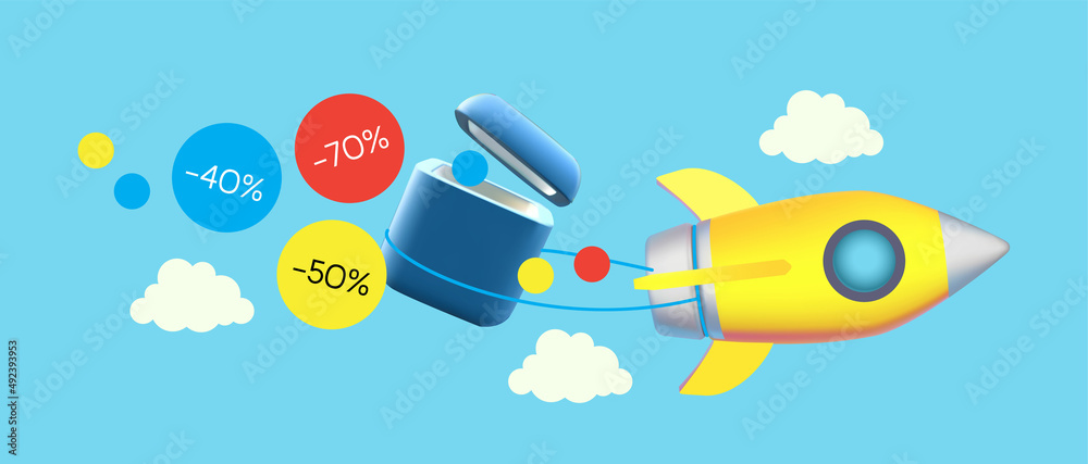 Super Sale concept with fast rocket, gift box and flying sale labels with clouds in the sky.