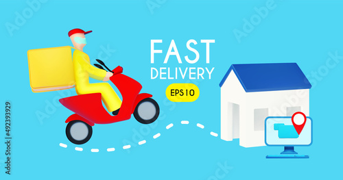 Fast delivery concept. Courier wearing mask on red scooter with delivery box rides to the house. 3D design concept. Fast delivery.