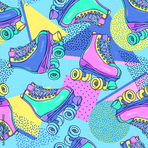 Roller skates pattern 90s illustration. Retro roller skates. 90s fashion. Disco style. 90s style vector. 1990s trendy illustration. Nostalgia for the 90s.