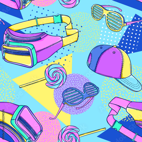 90s fashion pattern illustration. Retro waist bag, plastic glasses, cap. Party glasses. 90s style vector. 1990s trendy illustration. Nostalgia for the 90s.