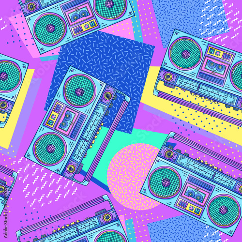 Boombox 90s style pattern. Cassette player. Retro cassette recorder. Music player. 1990s trendy illustration. Nostalgia for the 90s.