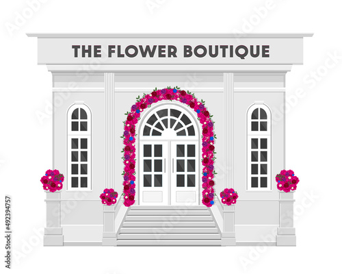 Flower boutique. Facade of a flower shop. florist shop facade decorated with flowers. Vintage boutique. Building decorated with flowers