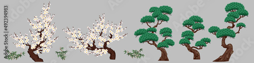 Set of Chinese painting elements, vector pine trees and plum blossom, bamboo bushes