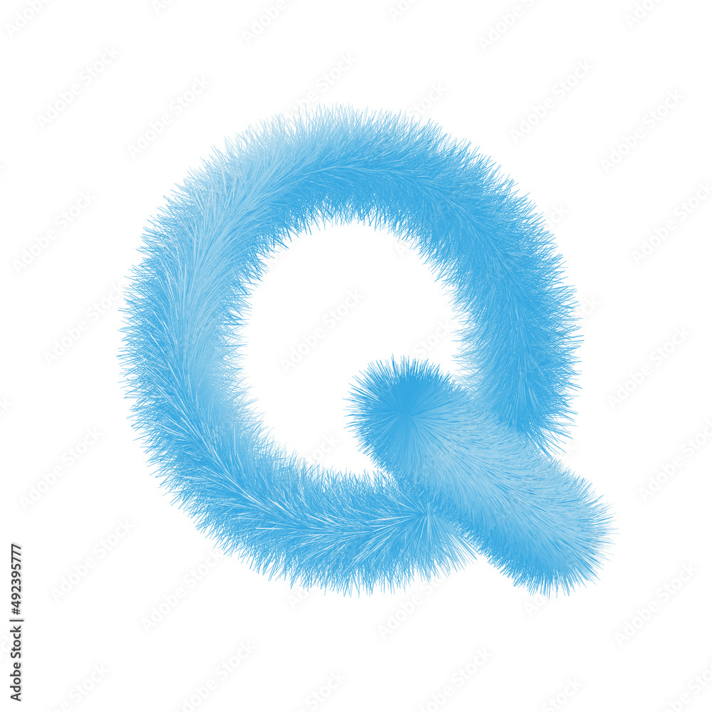 Feathered letter Q font vector. Easy editable letters. Soft and realistic feathers. Blue, fluffy, hairy letter Q, isolated on white background.
