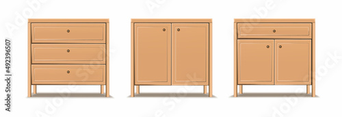 3d realistic vector icon set. Collection of dresser, bedside tables. Brown chest of drawers.