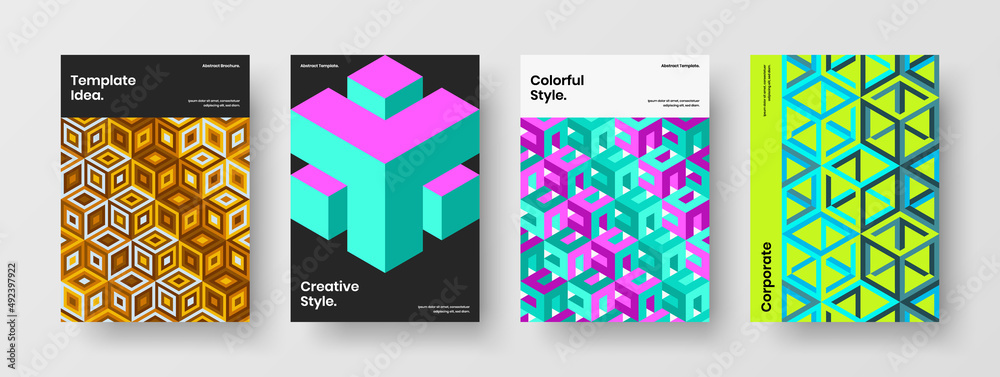 Vivid journal cover design vector layout collection. Fresh geometric shapes pamphlet template set.
