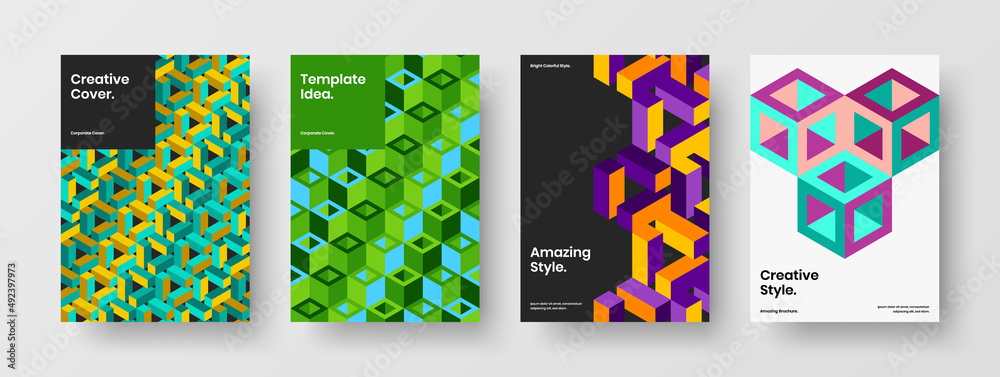 Original postcard design vector template set. Isolated mosaic hexagons corporate brochure layout composition.