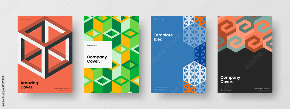 Obraz premium Vivid mosaic shapes company brochure concept set. Modern front page design vector layout composition.