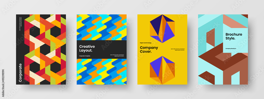 Colorful company cover design vector layout bundle. Vivid mosaic pattern brochure template composition.