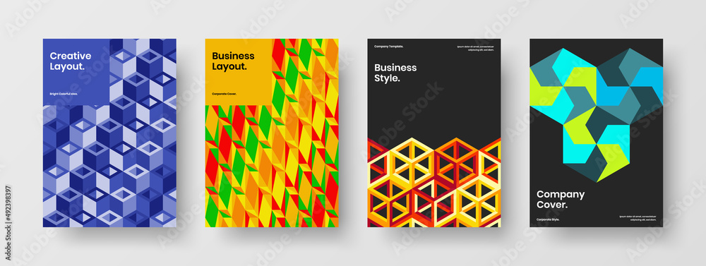 Creative geometric shapes pamphlet layout bundle. Vivid corporate cover design vector template composition.