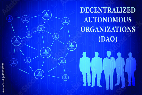 DAO, Decentralized autonomous organization concept design. Businessmen connected to each other with smartphone, laptop and tablet on blockchain network.