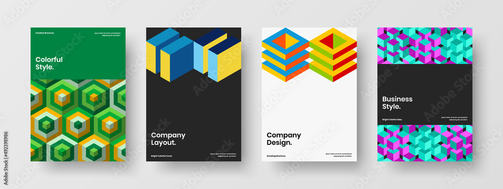 Creative journal cover vector design concept composition. Vivid geometric tiles company brochure template bundle.