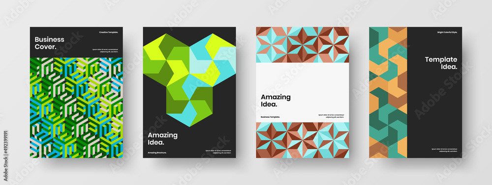 Colorful magazine cover vector design layout composition. Abstract mosaic hexagons flyer illustration set.