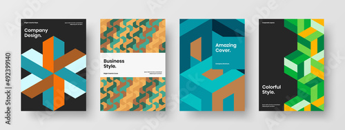 Multicolored cover A4 vector design illustration bundle. Fresh mosaic hexagons brochure concept set.