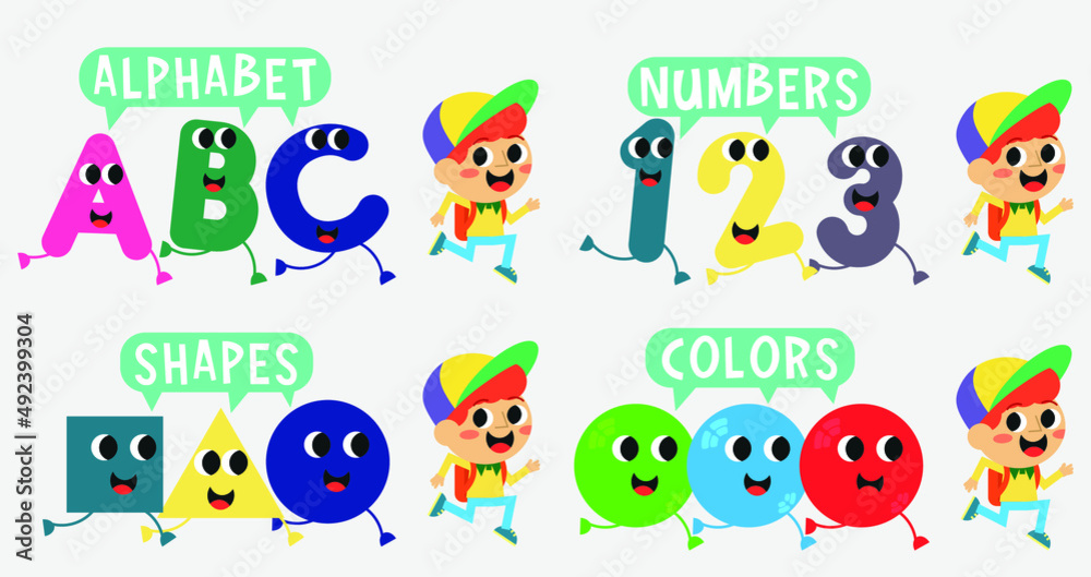 Cute letters, numbers, shapes, colors run with the boy in the hat
