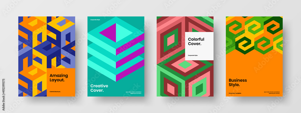 Trendy geometric shapes front page illustration collection. Multicolored postcard A4 vector design concept set.