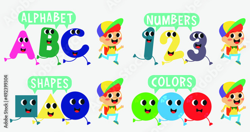Cute letters, numbers, shapes, colors run with the boy in the hat