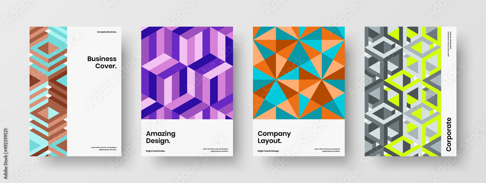 Fresh handbill A4 design vector concept set. Colorful geometric hexagons magazine cover template collection.