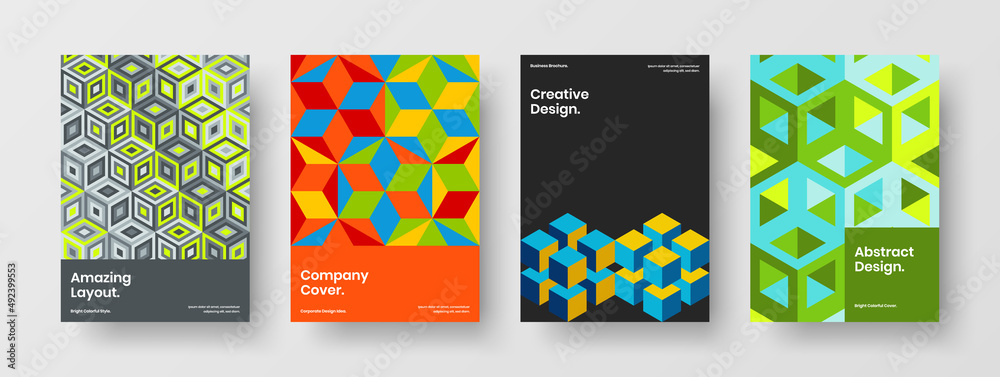 Colorful pamphlet design vector concept bundle. Trendy mosaic pattern company brochure layout set.