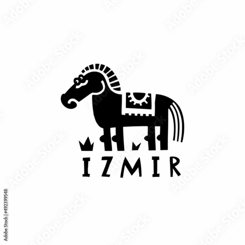 Vector hand drawn symbol of Izmir. Travel illustration of Republic of Turkey. Hand drawn lettering trojan horse illustration. Turkish ancient landmark logo photo