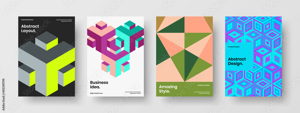Vivid geometric hexagons front page template composition. Abstract corporate brochure A4 design vector layout set.