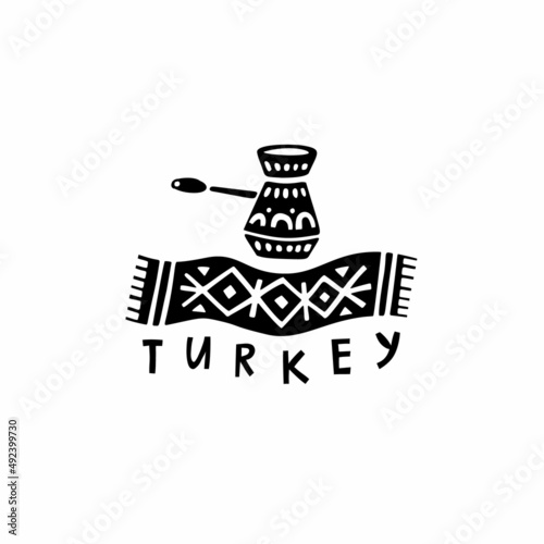 Vector hand drawn symbol of Turkey. Travel illustration of Republic of Turkey signs. Hand drawn lettering illustration. Turkish  landmark logo