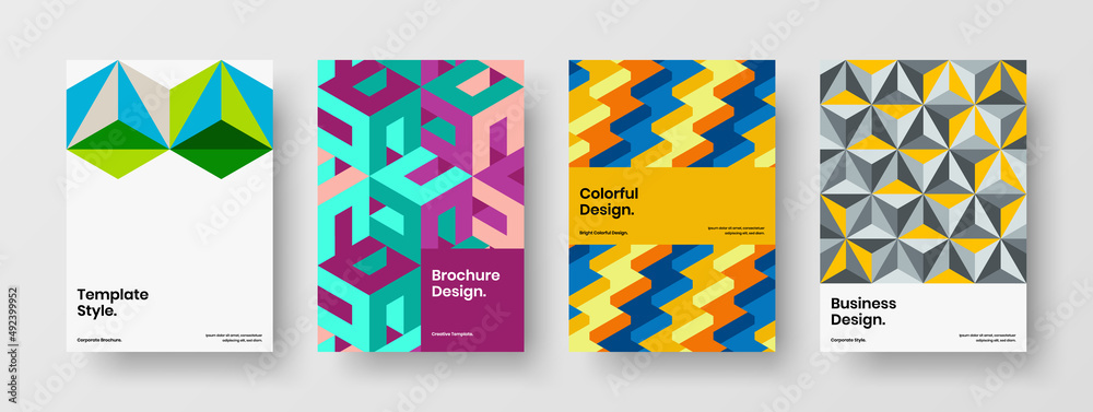 Amazing book cover A4 vector design template set. Unique geometric hexagons handbill layout collection.