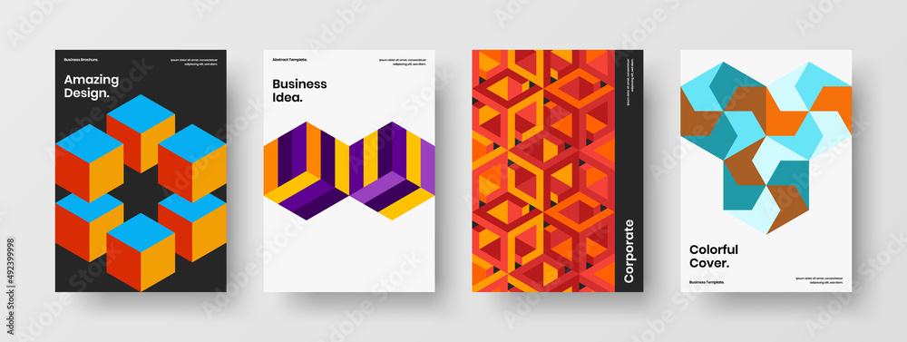 Colorful mosaic shapes leaflet concept bundle. Abstract magazine cover vector design template collection.