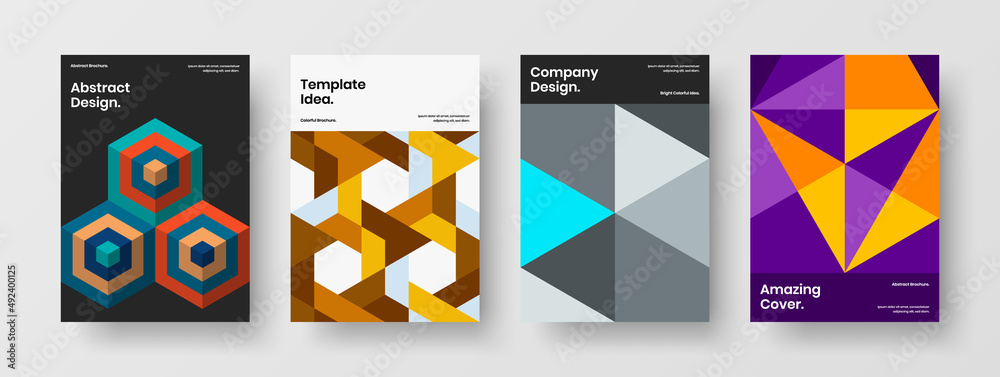 Vivid company cover vector design illustration bundle. Creative mosaic hexagons brochure layout composition.