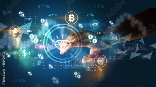 Business person hand pushing currency symbol on multimedia touch screen