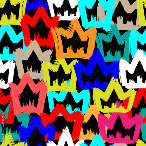 Bright colorful multicolored contour ink crowns isolated on black background. Cute royal seamless pattern. Vector simple flat graphic hand drawn illustration. Texture.