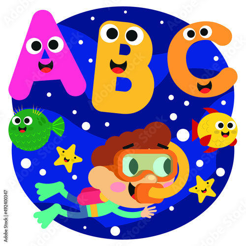 Cute diver boy and cute letters in the sea