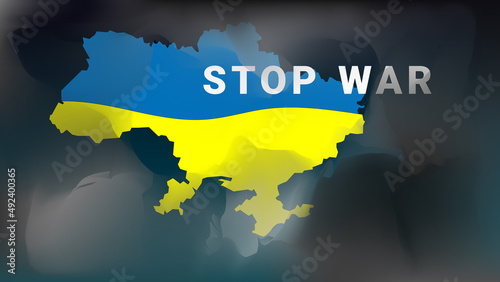Stop the war in Ukraine. Map of Ukraine in smoke.